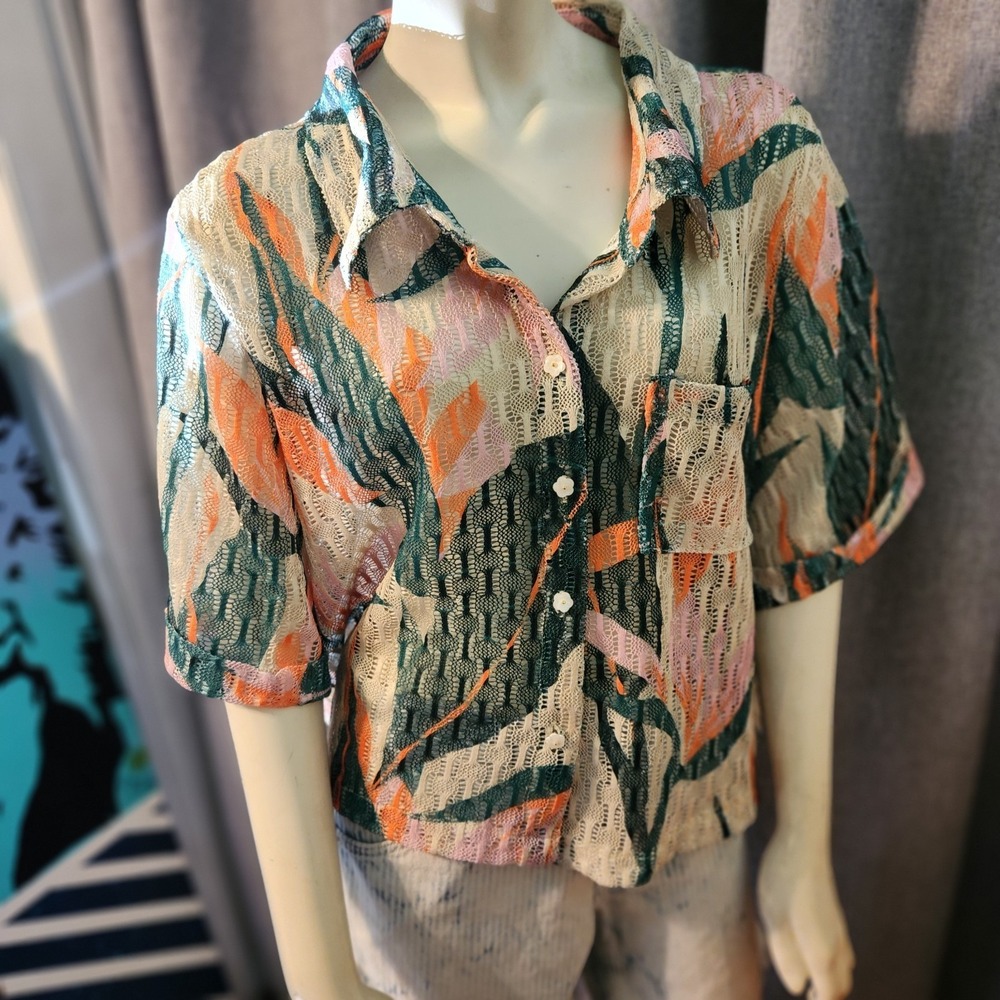 Batia New York Open Knit Short Sleeve Button-up Tropical Blouse‎ Cardigan Sz XL